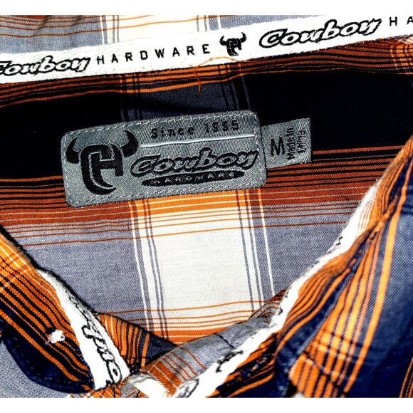 Cowboy Hardware Long Sleeve Button Front Pearl Snap Shirt Orange/Blue Plaid Med - Picture 5 of 9